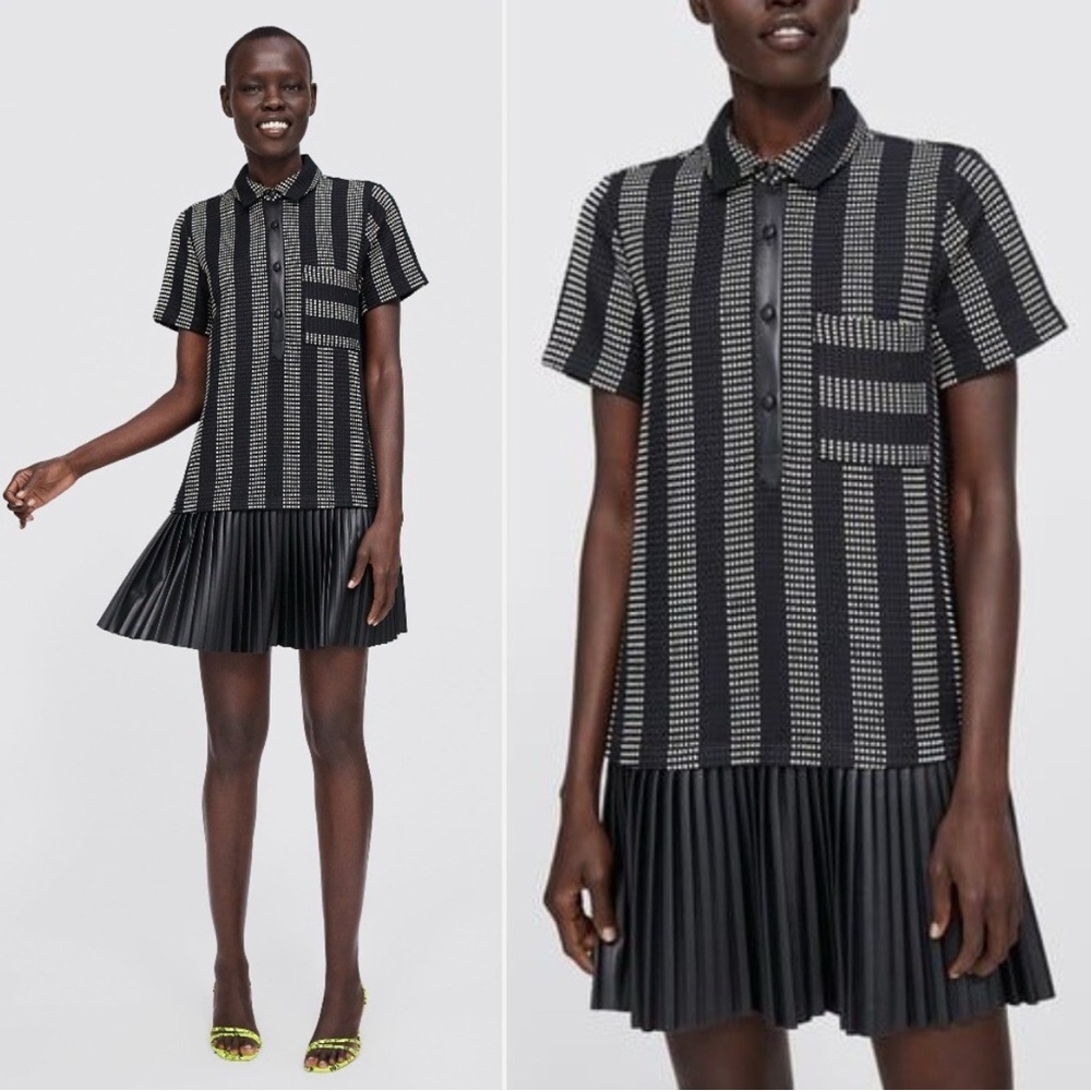 ZARA | Textured Weave and Black Pleated Faux Leather Dress